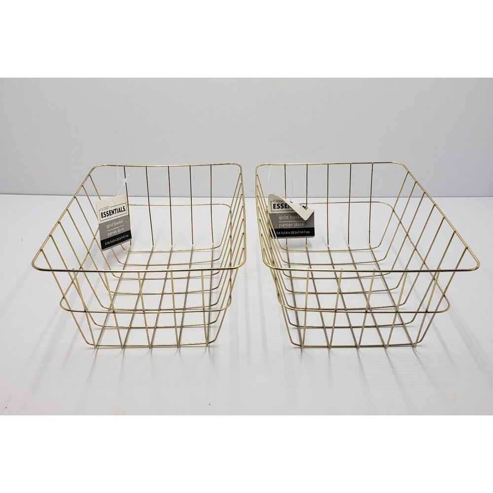 Lot of 2 Closet Essentials Gold Metal Wire Baskets Chic Storage Organization